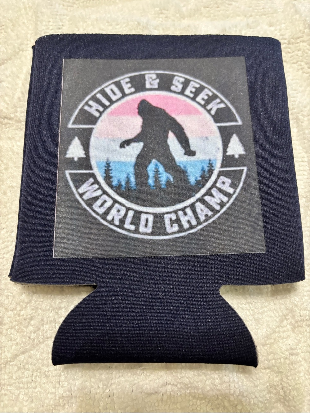 NEW Hide & Seek World Champ Beverage Koozie - Navy with Pastel Graphic